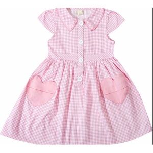 Girls Pink Gingham Heart Pocket Casual Dress